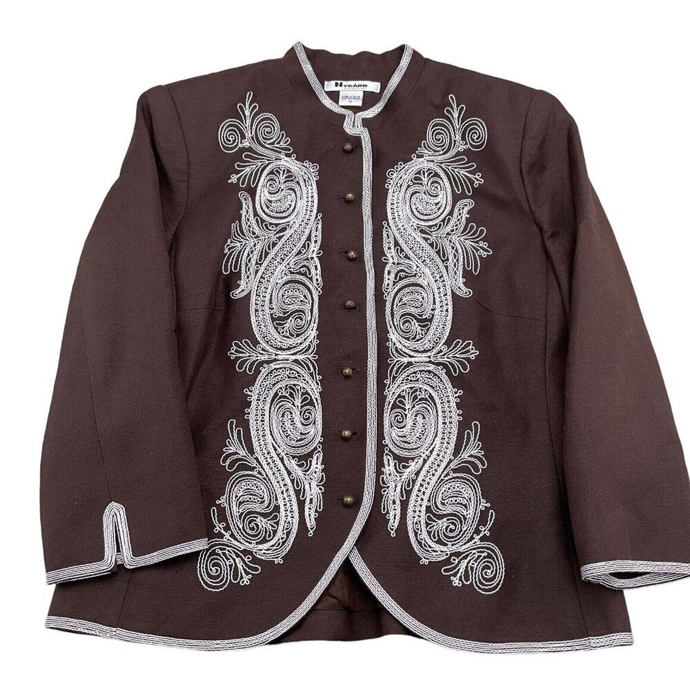 Nygard Jacket Women 10 Brown White Embroidered Paisley Linen Boho Art Neutral‎